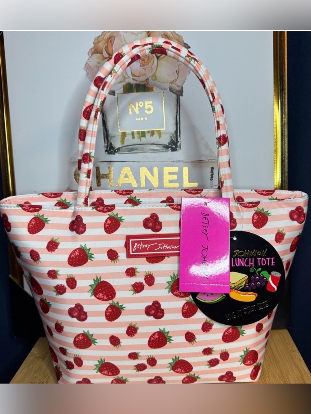 Betsey Johnson Pink and Red Strawberry Stripe Lunch Tote